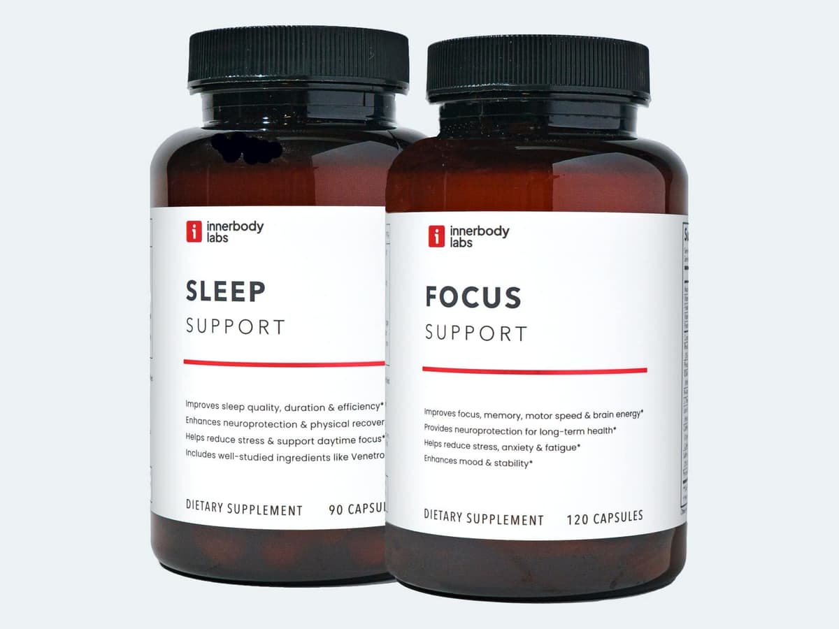 Innerbody Labs Sleep Support and Focus Support bottles standing side by side against a plain white background.