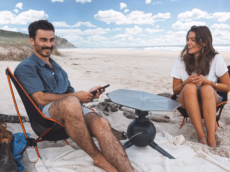 The Iris T1 portable solar generator set up outdoors