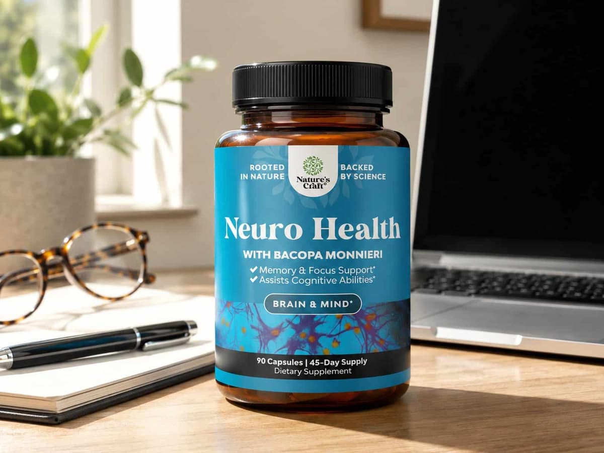 A bottle of Nature's Craft Neuro Health nootropic capsules for memory and focus.