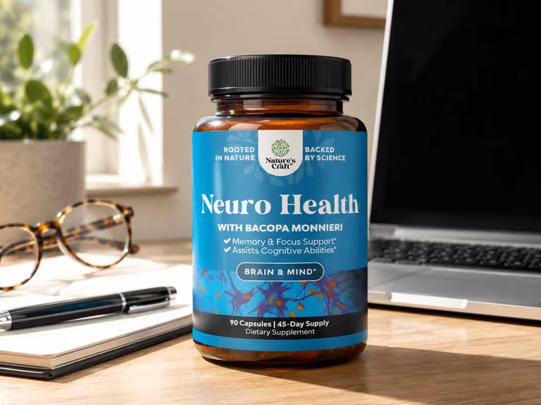 A bottle of Nature's Craft Neuro Health nootropic capsules for memory and focus.