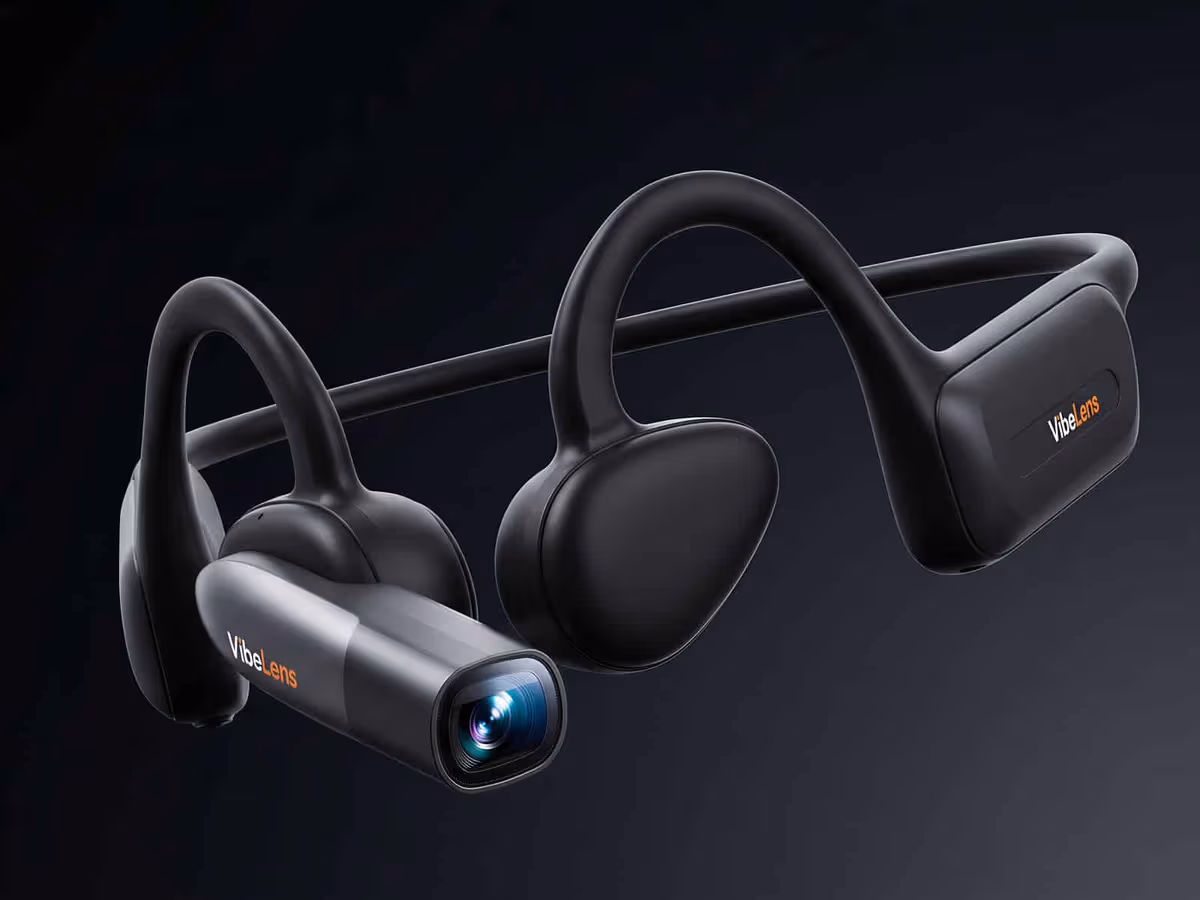 VibeLens MusicCam Pro open-ear camera headset in black, shown at an angle against a dark background with its forward-facing camera module visible