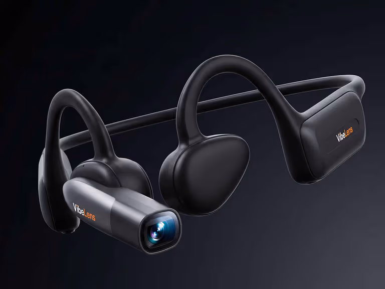 VibeLens MusicCam Pro open-ear camera headset in black, shown at an angle against a dark background with its forward-facing camera module visible