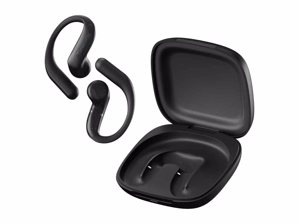 Timekettle LiveTalk AI Translation Earbuds in Polar Black beside their open charging case