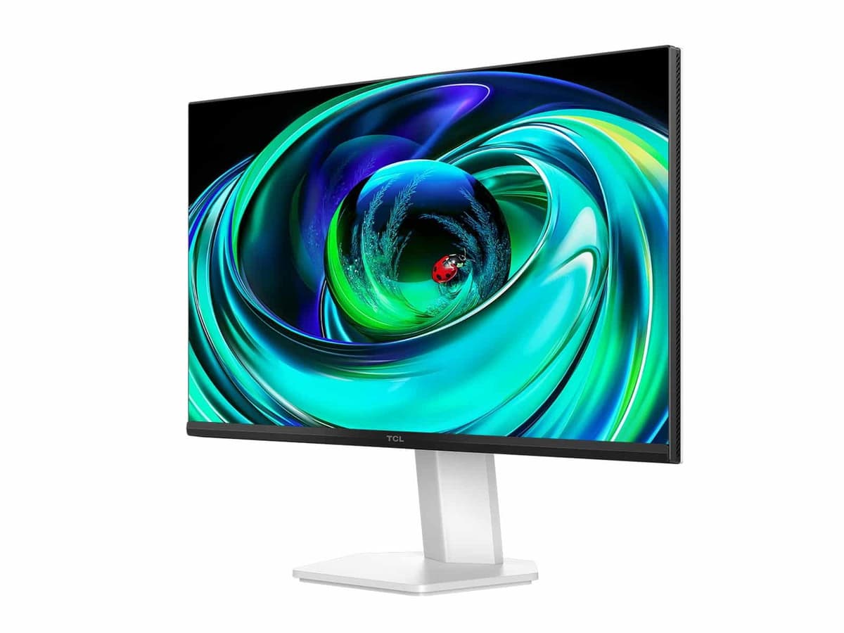 A TCL monitor on a white stand showing a swirling green and blue abstract key visual