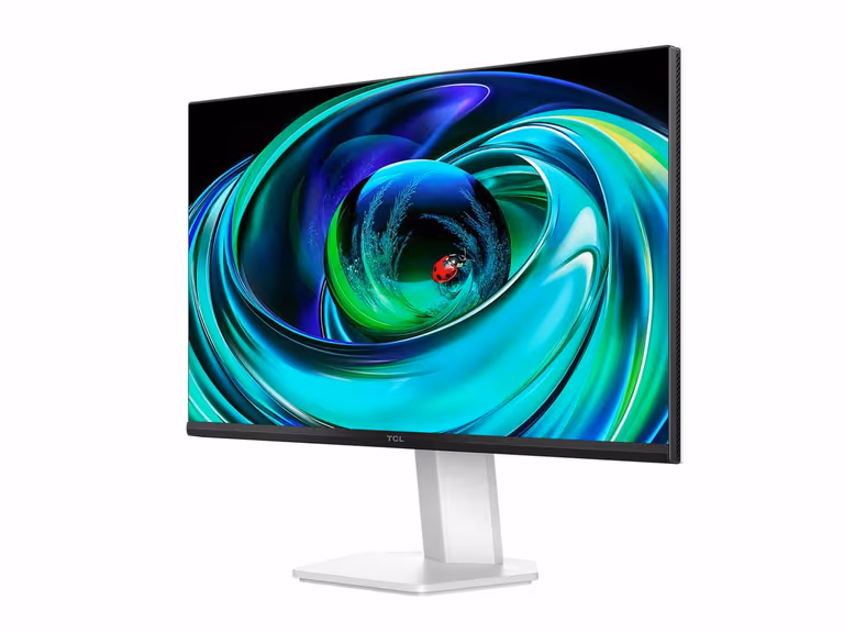 A TCL monitor on a white stand showing a swirling green and blue abstract key visual