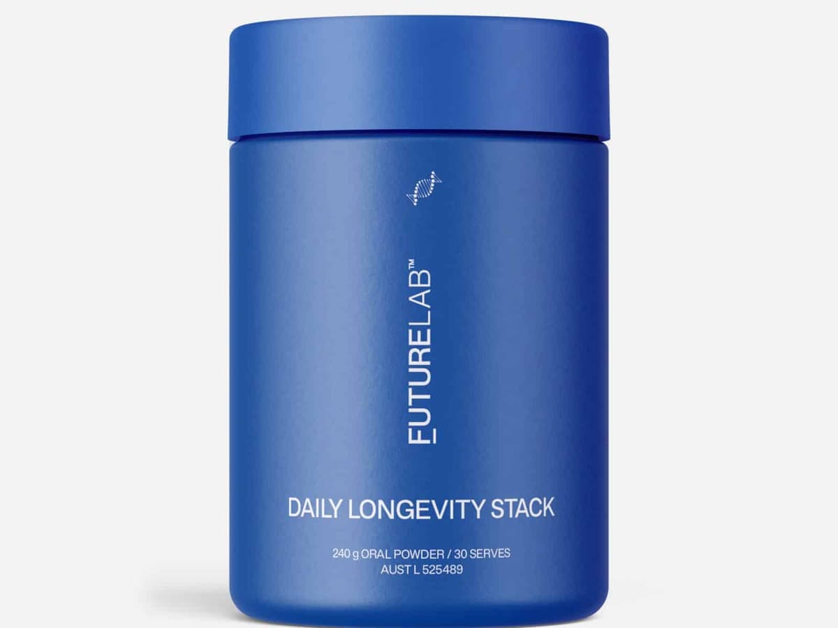 A tub of Melrose FutureLab Daily Longevity Stack powder beside its glass storage jar, insulated drink bottle and stainless steel scoop