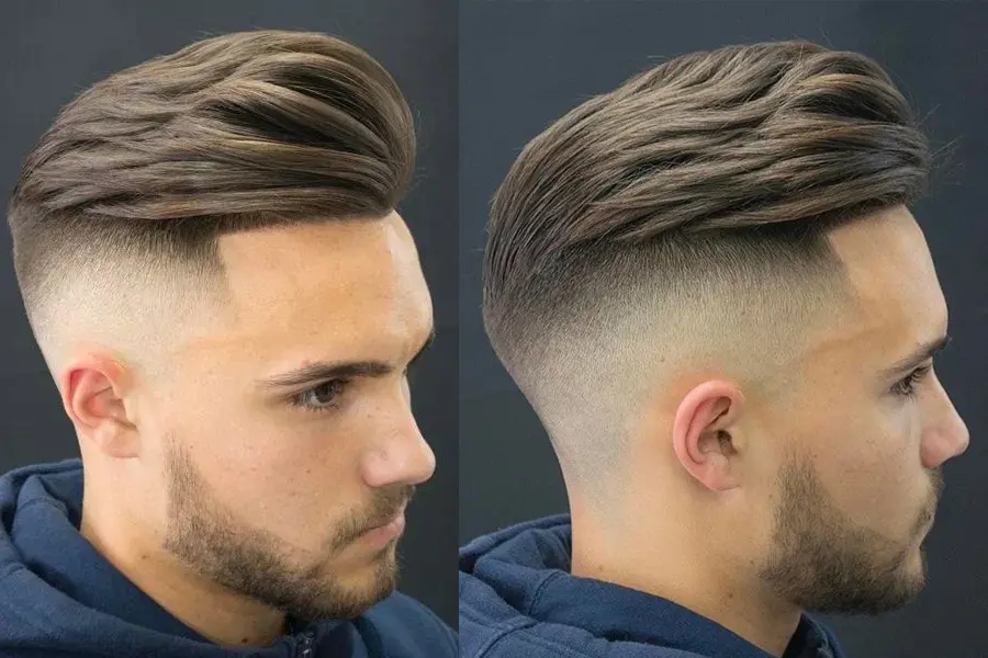 Mand med kort slick back haircut pompadour frisure