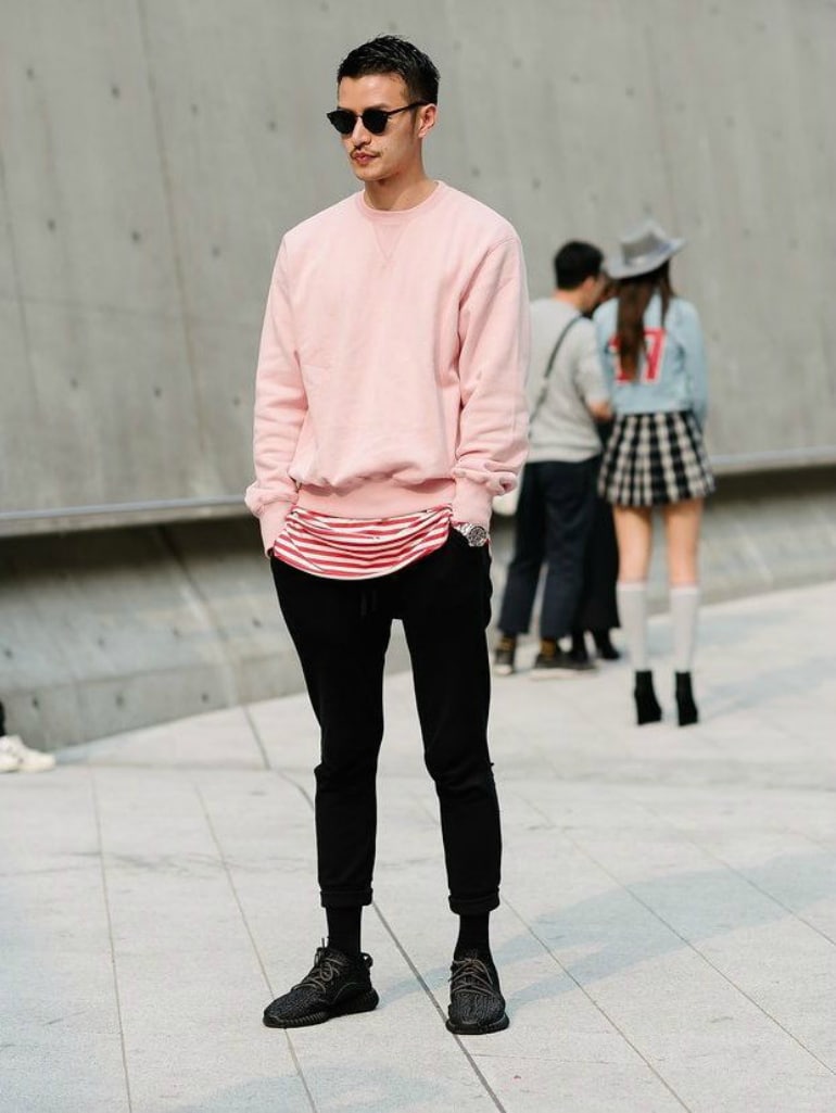 pink shirt black pants white shoes
