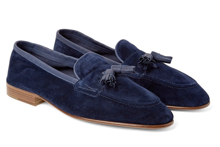 mens blue suede penny loafers