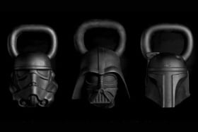 Three different Onnit Star Wars Kettlebells with black background
