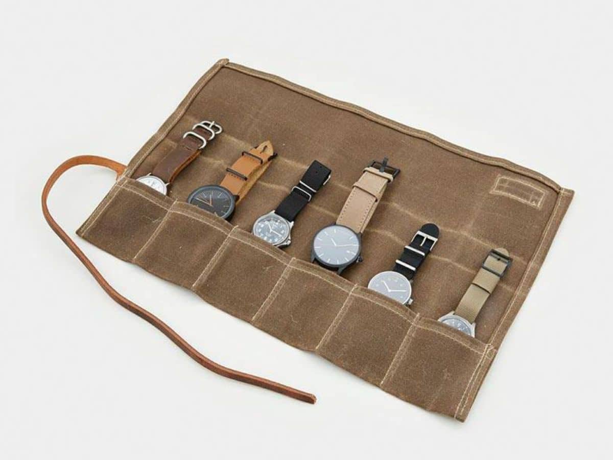 Waxed Canvas Watch Roll with watches