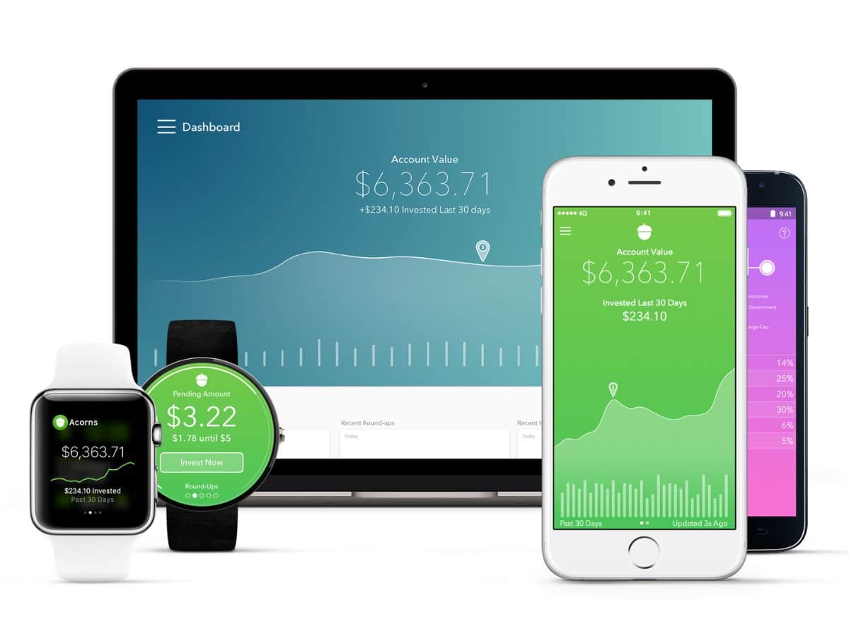 Laptop, phone and smartwatch with Acorns app open