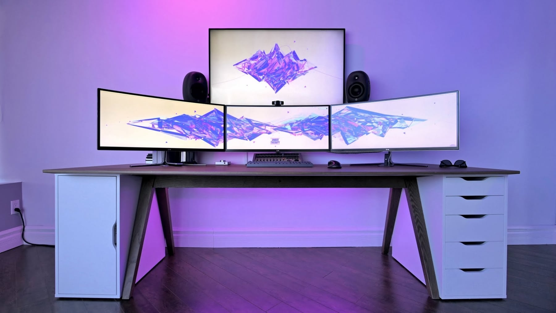 masculine office home dual monitor setup