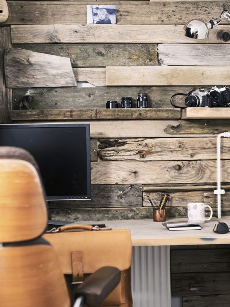 masculine home office wood wall