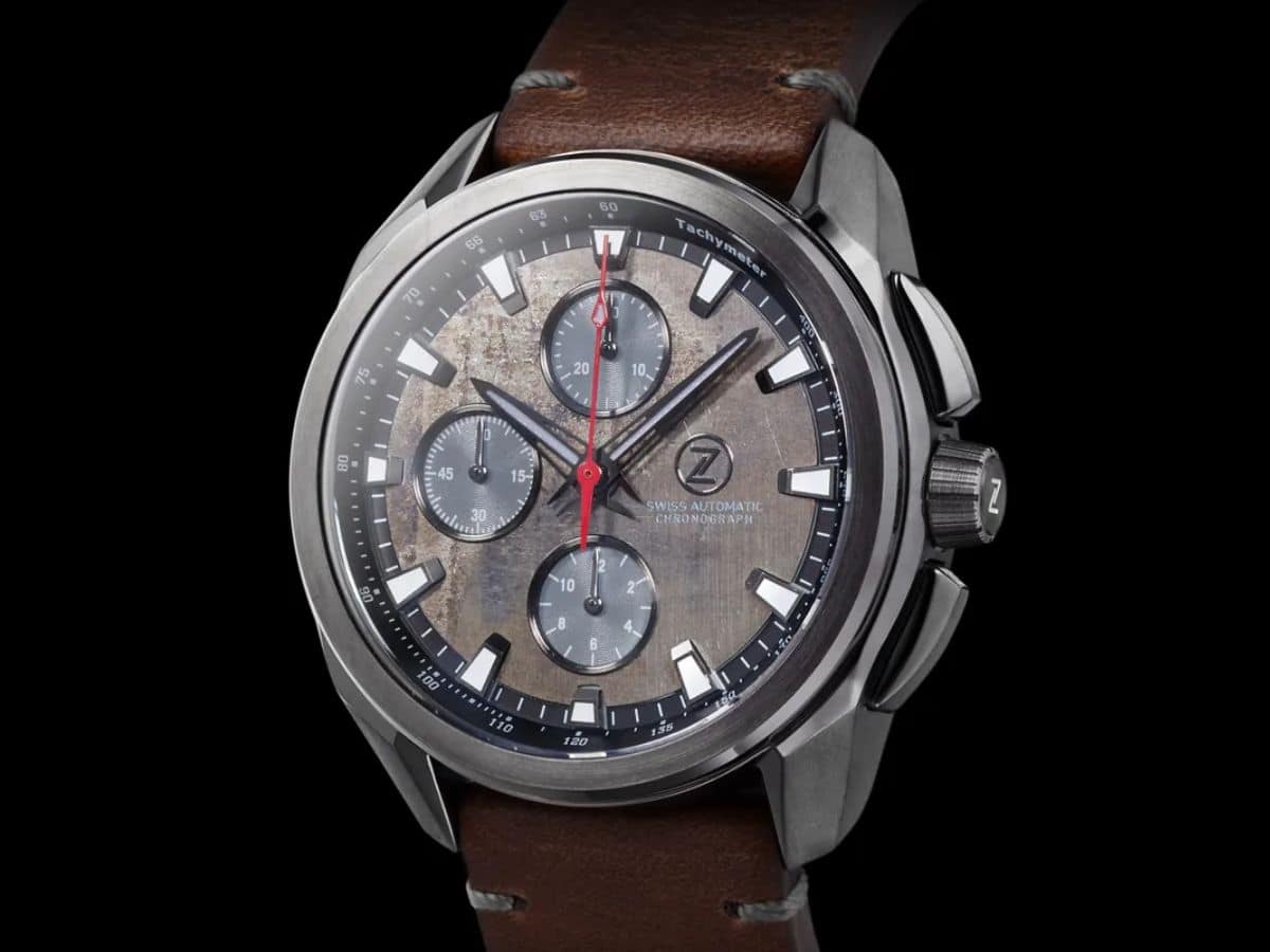 Zelos ZX-series watch with slate dial, steel case and brown strap