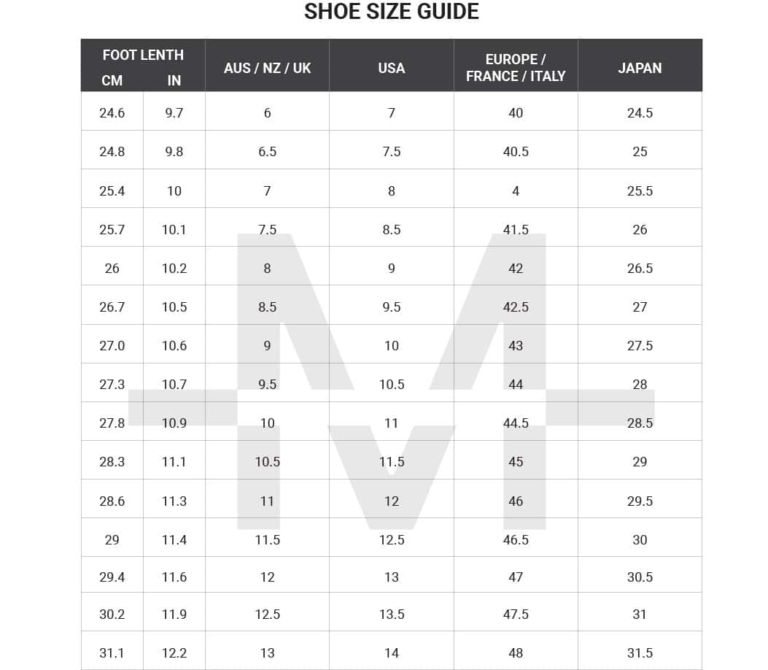 shoe size chart conversion australia