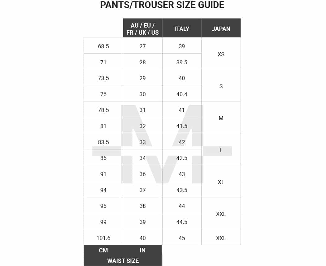 size chart pants mens