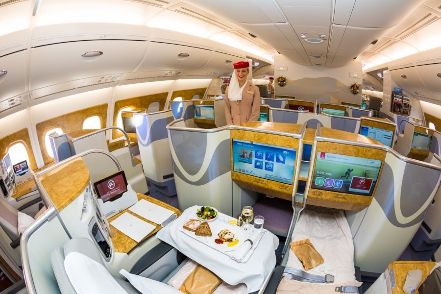 emirates a380 business class dining & meal with stewardess