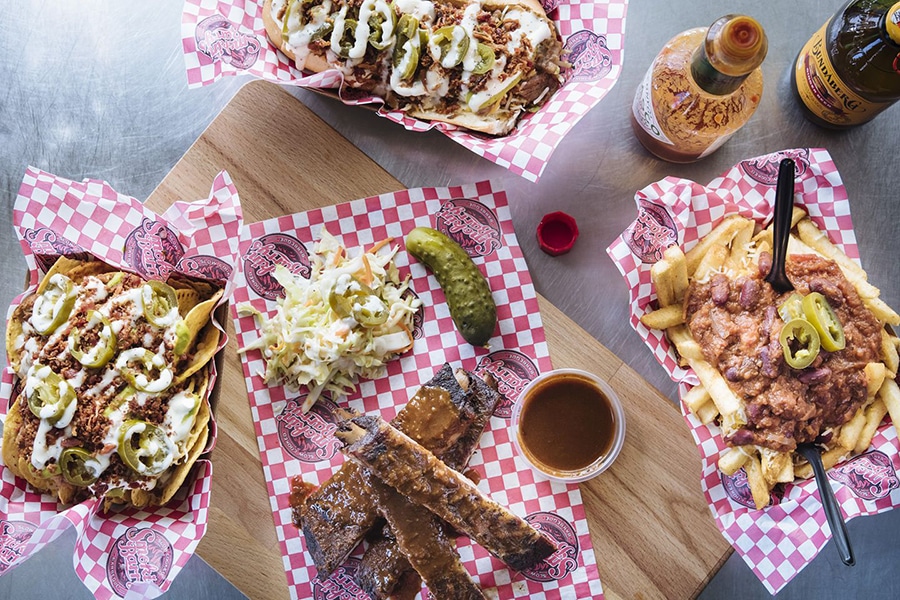 lunch spread flatlay ribs burgers chips