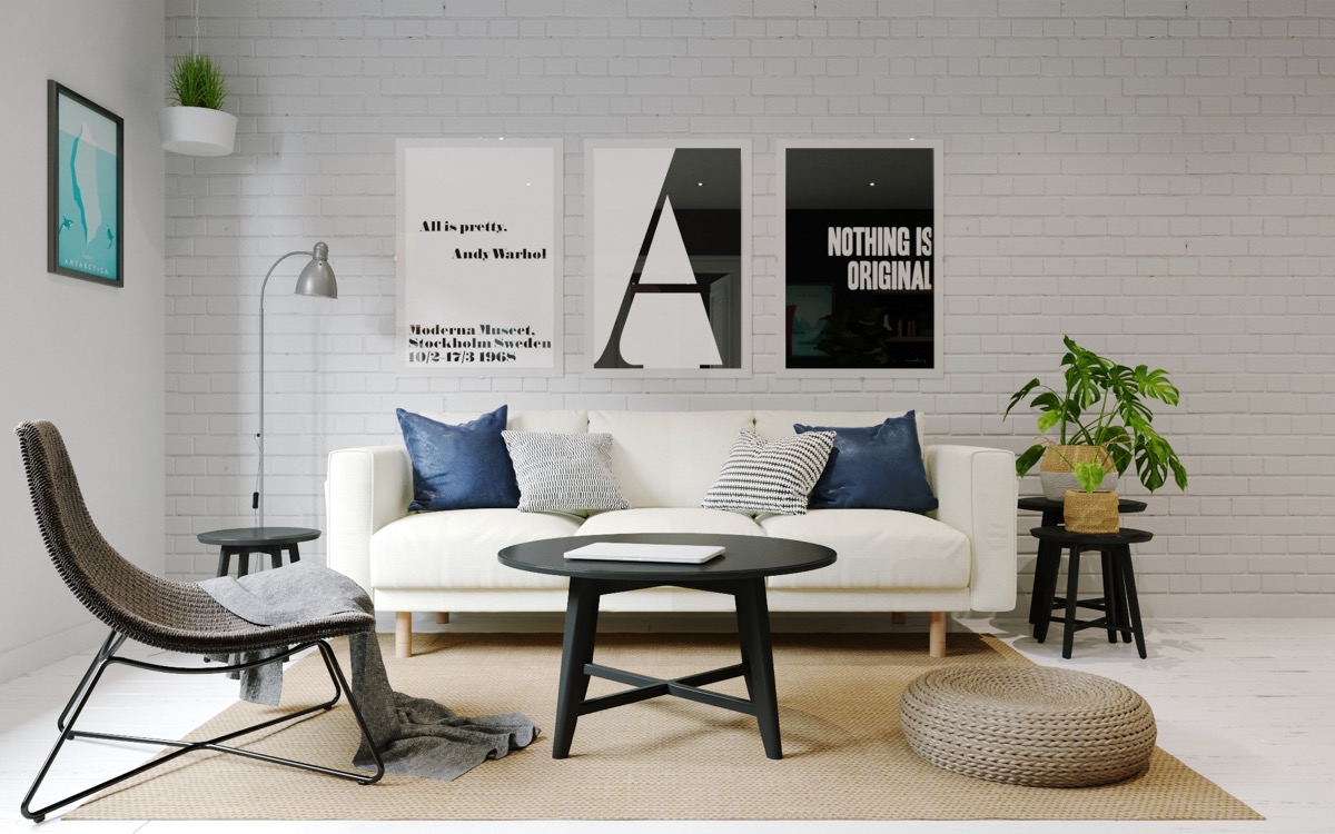 monochrome typographic prints contrasting lounge