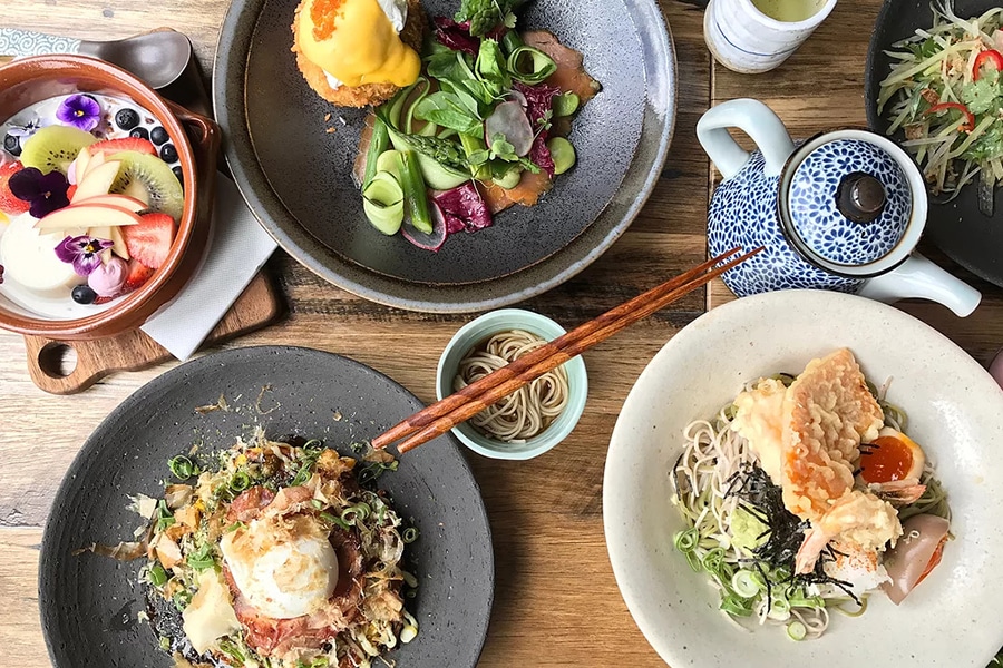 lunch spread with fusion asian dishes