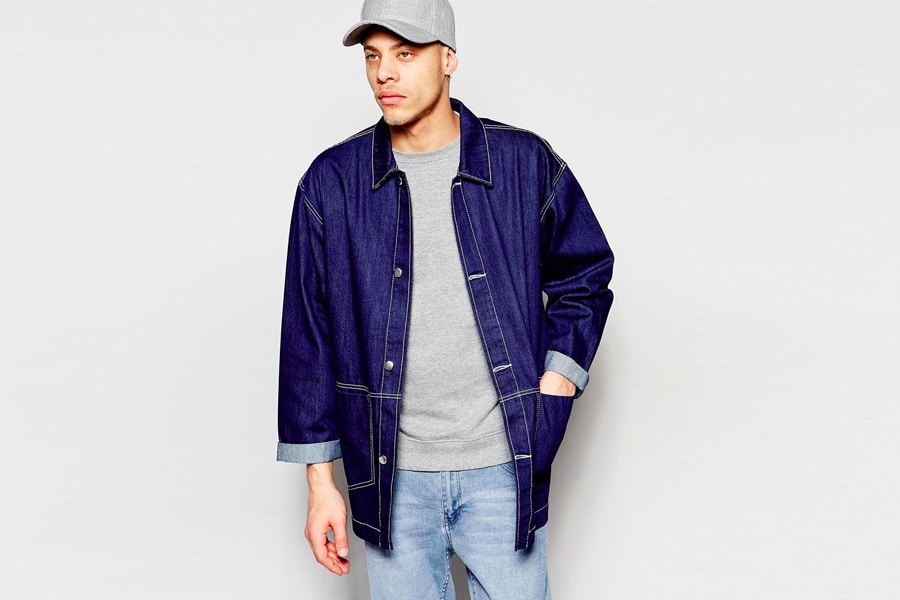 Navy chore Coat with light wash denim