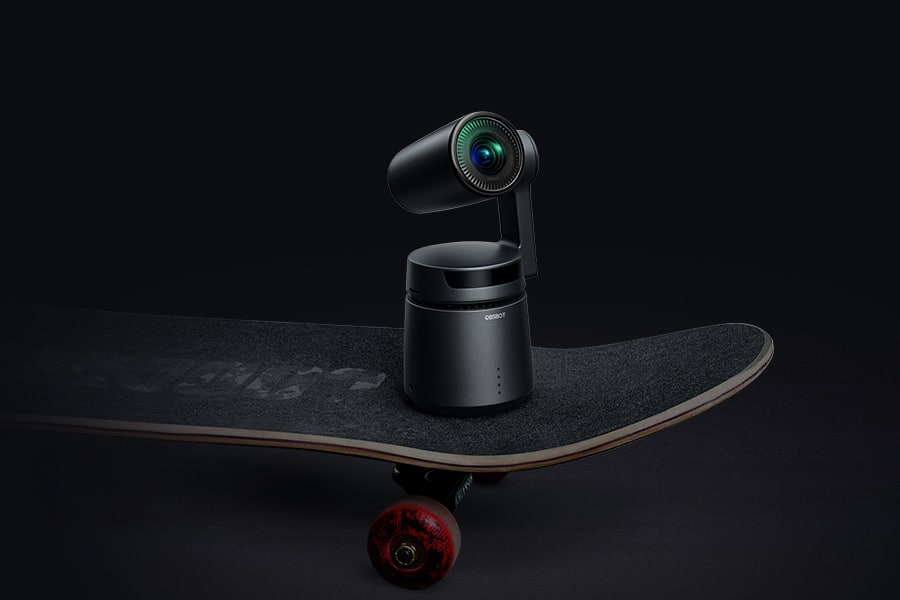 OBSBOT Tail ai camera on skateboard 
