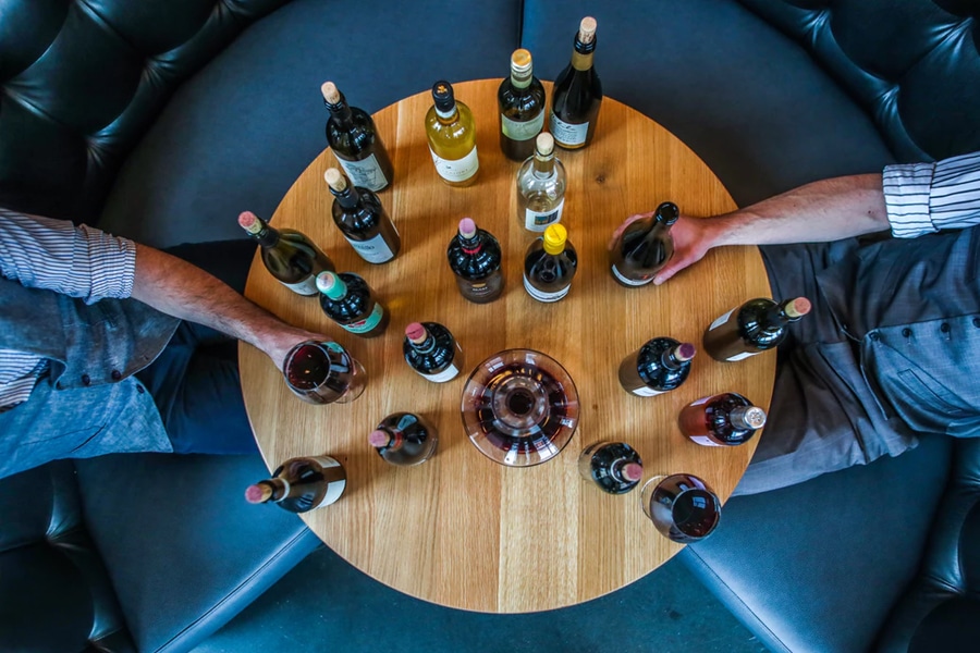 aerial shot of wine bottles