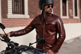 Biker wearing VKTRE heritage leather motorcycle jacket