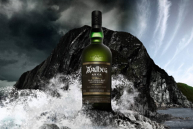 Ardbeg whisky infront of rocks