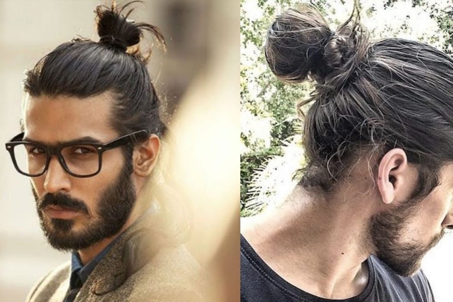 A man with long hair showcasing various hairstyles.