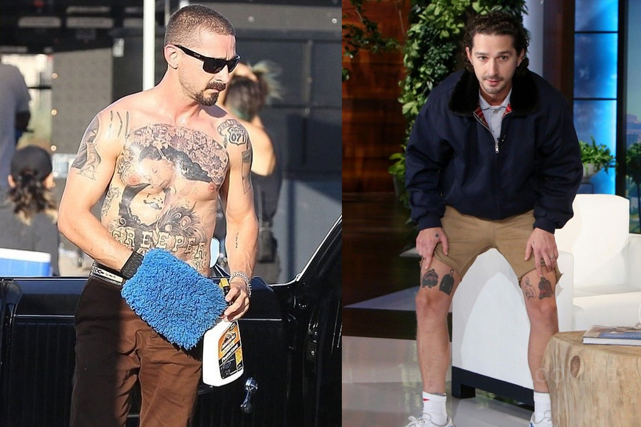 Shia Lebeouf shows tattoos