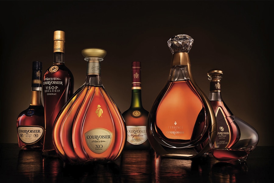 Bottles and decanters of Courvoisier cognac