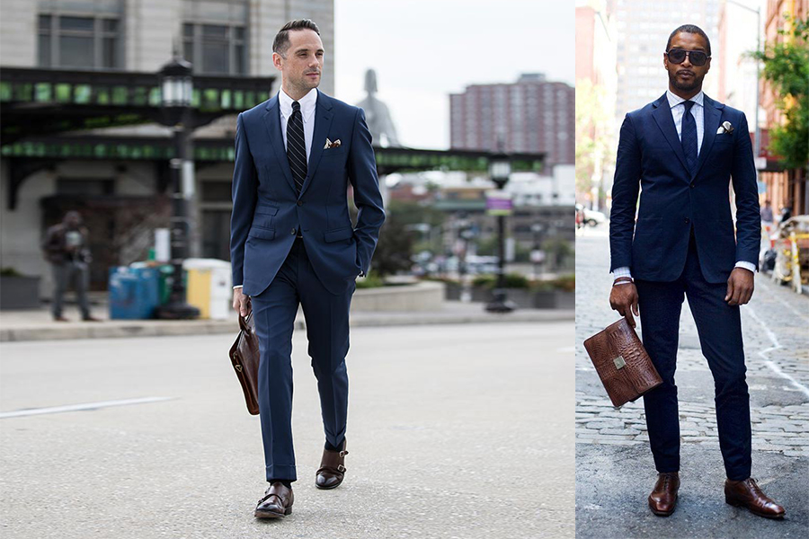 navy blue suit white sneakers