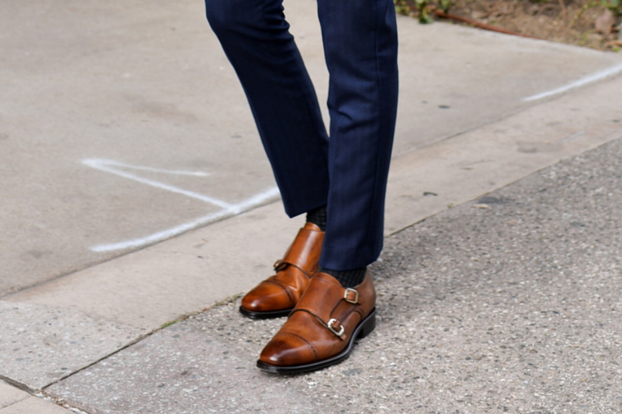 blue suit and shoes combination