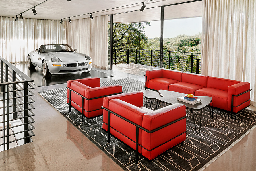 dream garage red sofa with open balcony