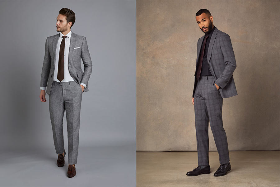 shiny grey suit combinations