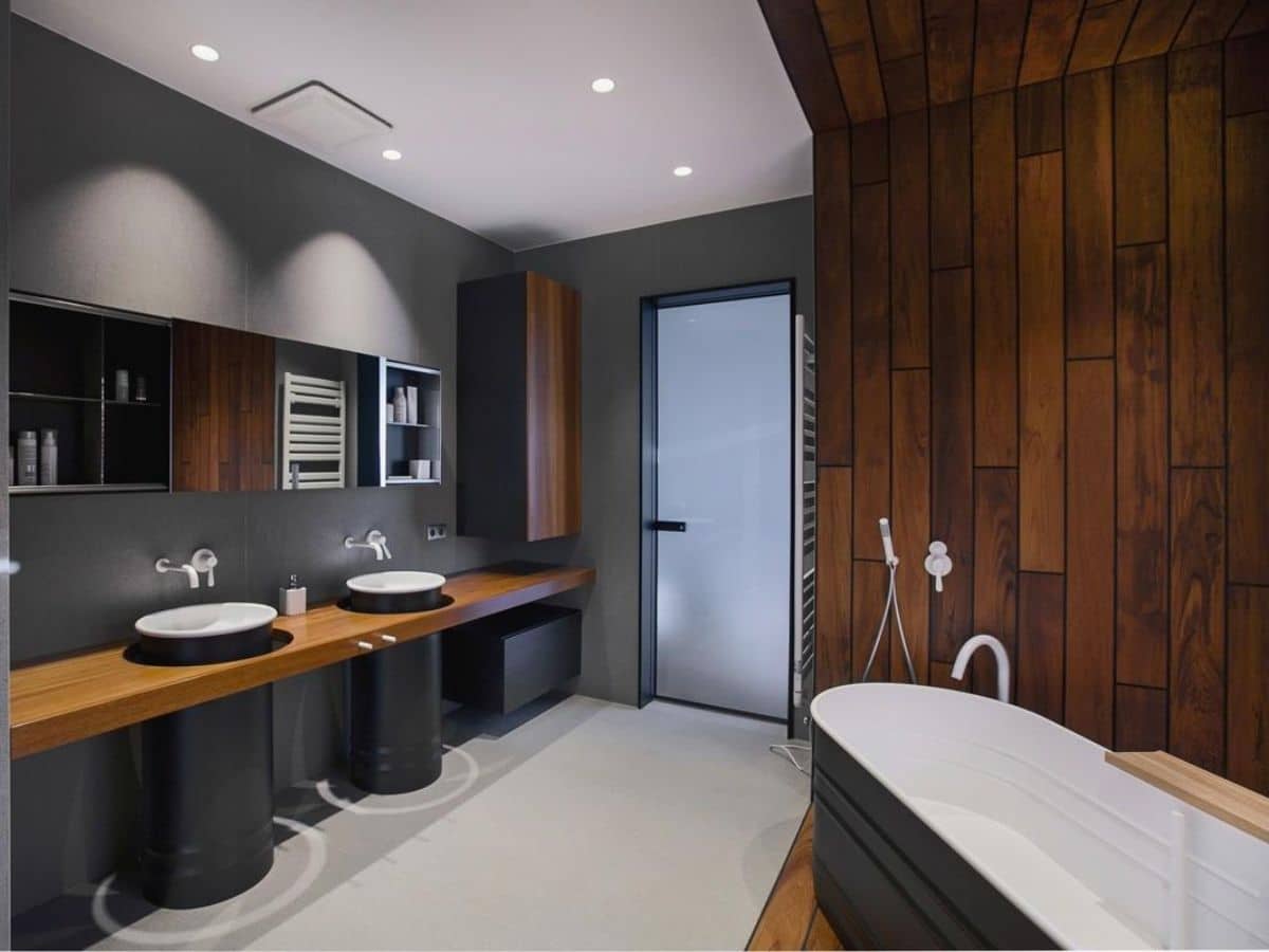 Black and wood themed bathroom