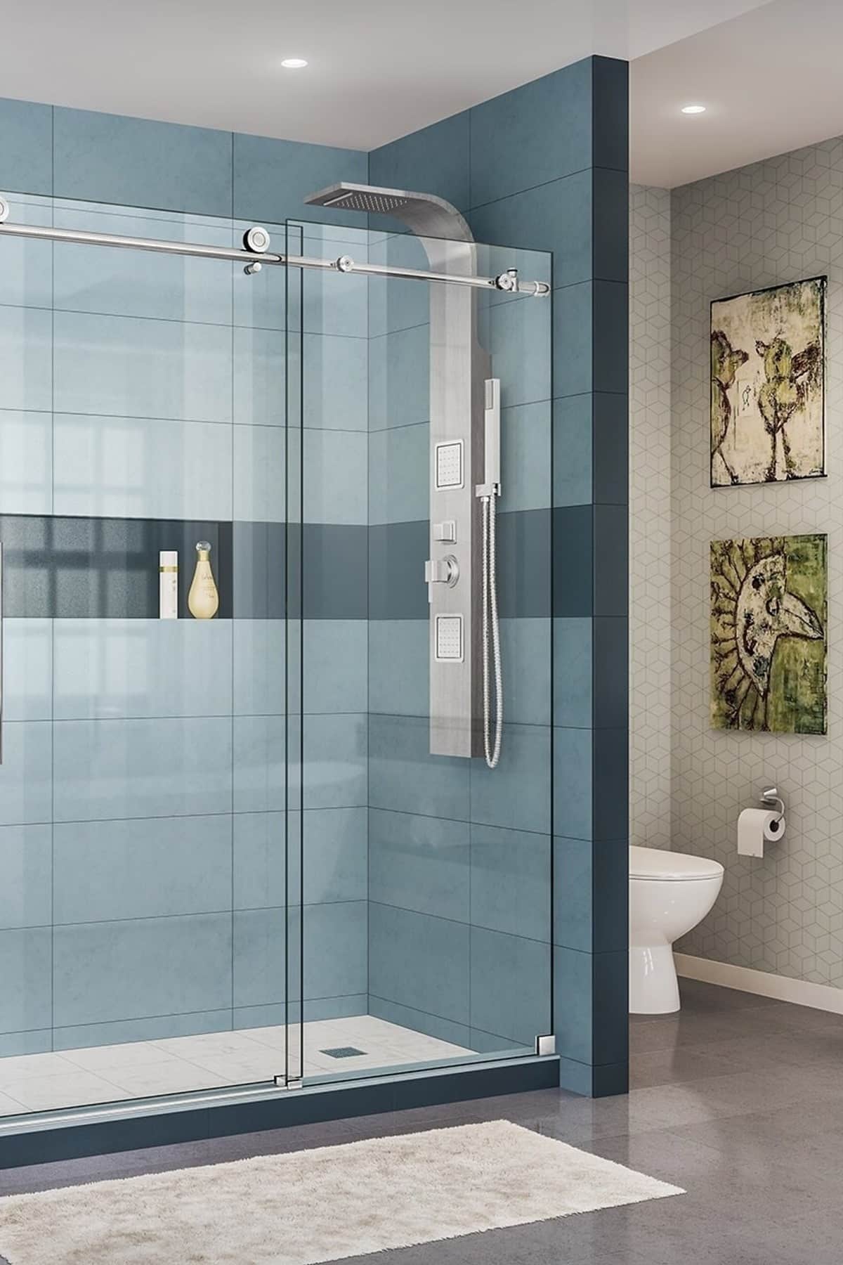 Glass walled shower area with blue walls