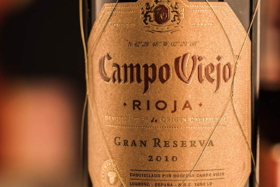 Closeup of the Campo Viejo Rioja sticker on a bottle