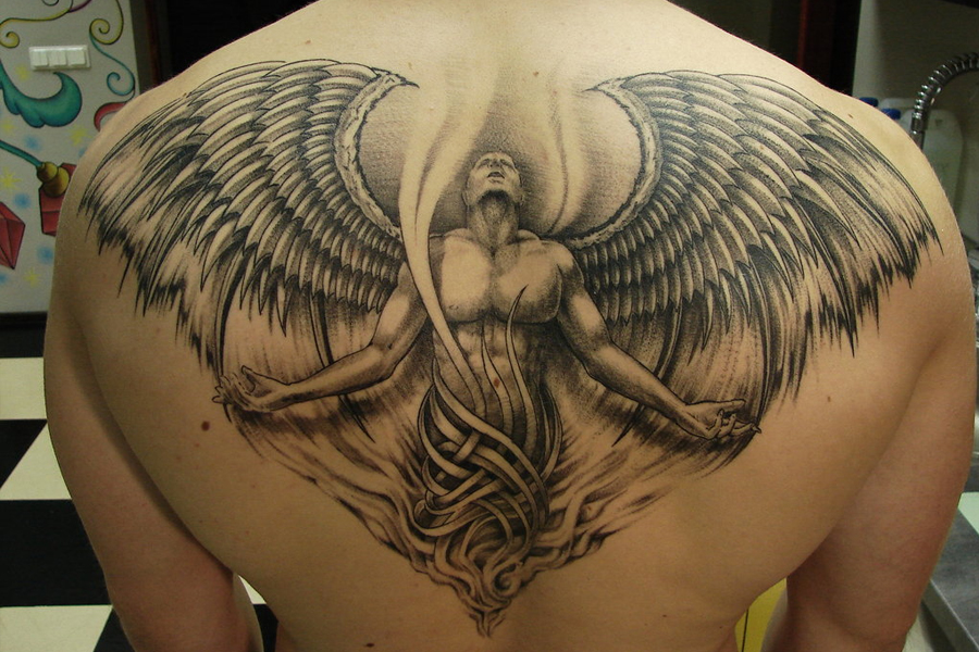 angel wing tattoos on back for men