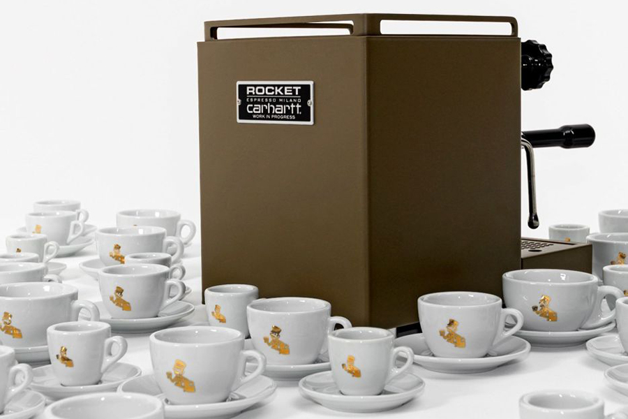 carhartt espresso machine back view with coffee mug