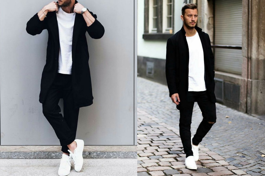 blazer and white sneakers