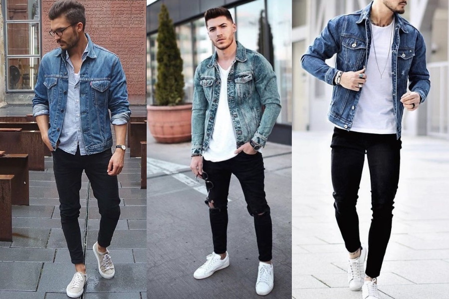 Μαύρο παντελόνι – Τζιν jacket – Λευκό Τshirt – Sneakers.