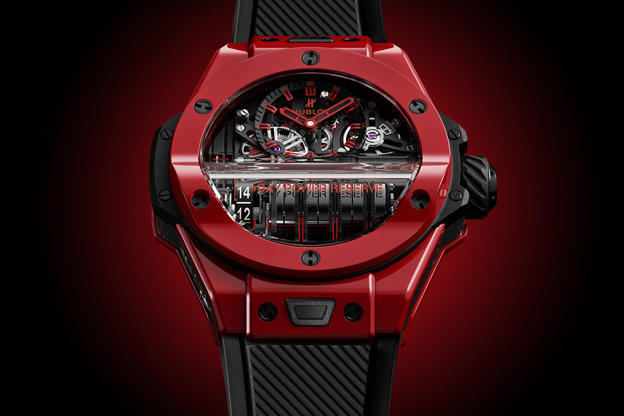 Hublot Big Bang MP-11 Red Magic watch showcasing its intricate mechanics and vibrant red sapphire crystal case.