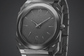Closeup of Bulgari Octo Finissimo Automatic Black Sandblast-Polished Ceramic watch