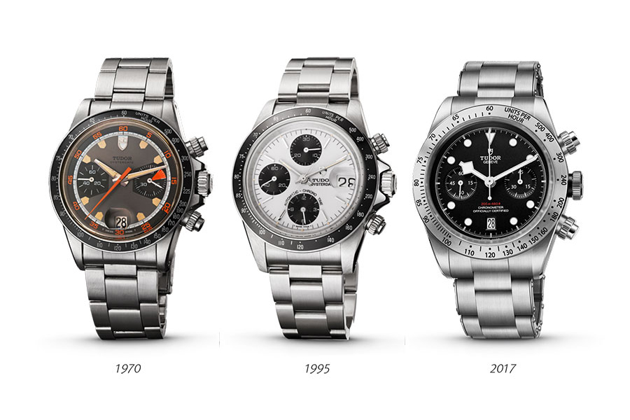 A trio of Tudor Chronograph watches from 1970, 1995, and 2017, celebrating 50 years of the brands horological innovation.
