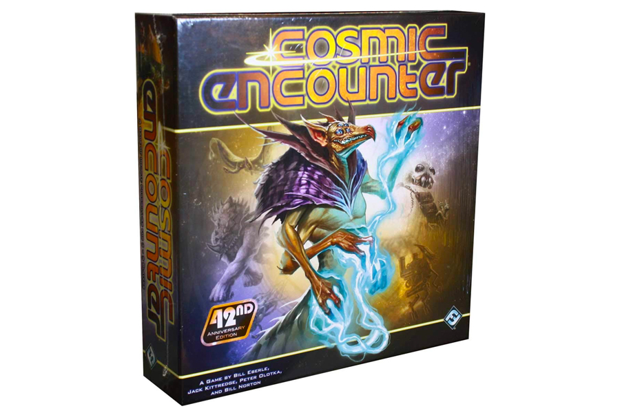 Cosmic Encounter board game box showcasing dynamic alien artwork, perfect for adult game night.