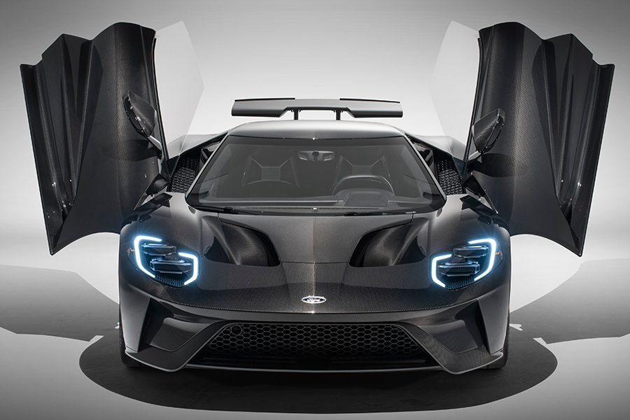 ford gt supercar front view with both doors on the side are open