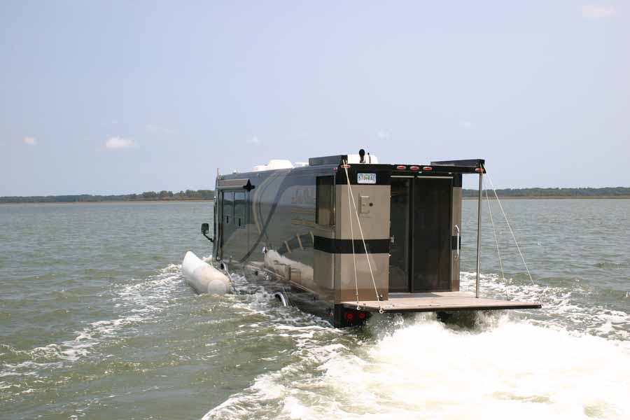 amphibious rv traveling on the water